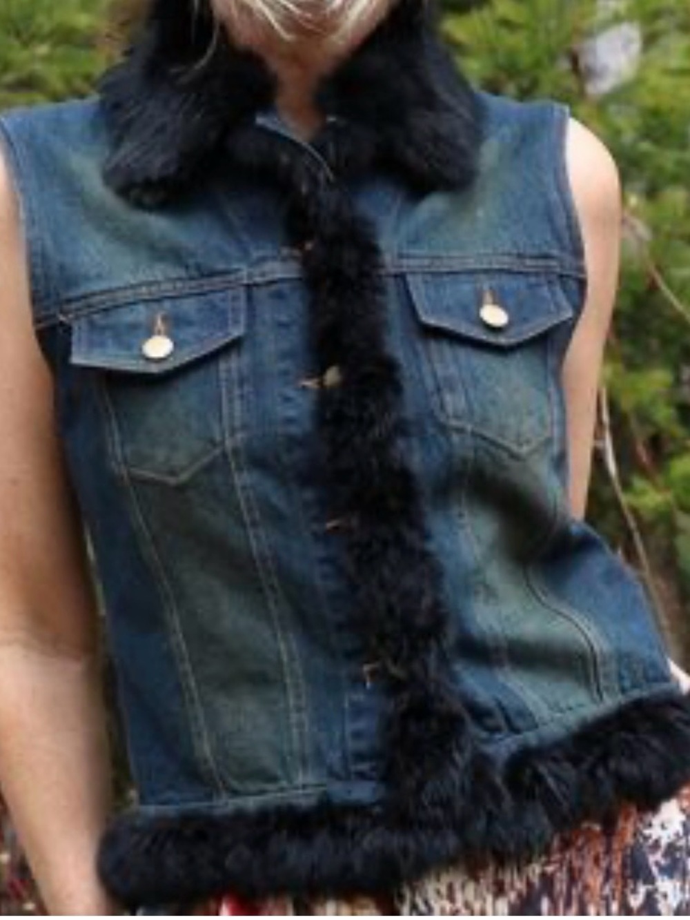 Vintage Cejon Accessories denim Vest with real Rabbit Fur Trim